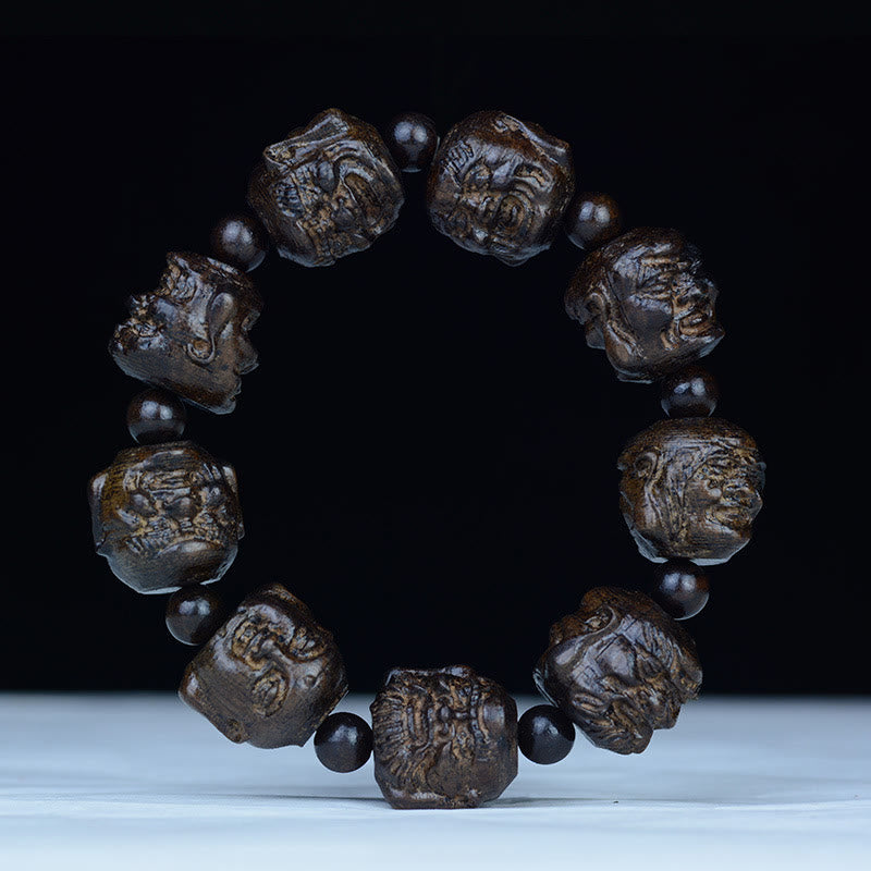 Fortune Jewel Ebony Wood Eighteen Arhats Lotus Dragon Engraved Balance Bracelet Fortune Jewel