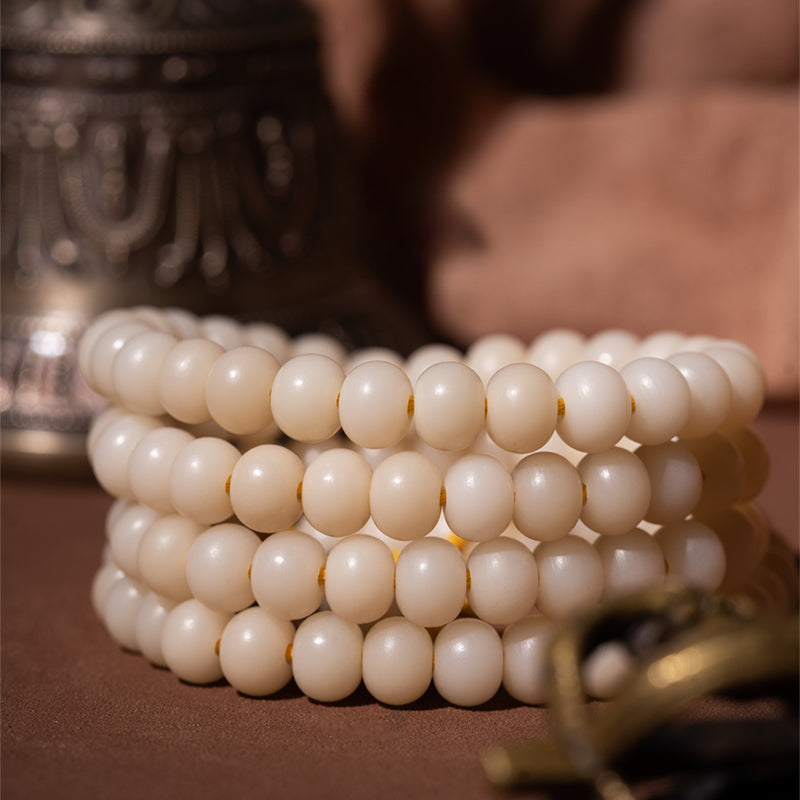 Buddha3bodhi 7.5mm*10mm White Jade Bodhi 108 Bead Mala Prayer Beads