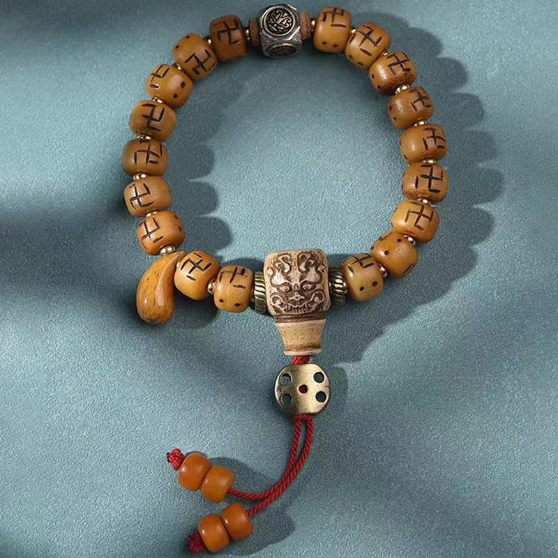 Fortune Jewel Natural Tibetan Camel Bone Swastika Dzi Bead Shankha Buddha Charm Kirtimukha Luck Protection Tassel Bracelet