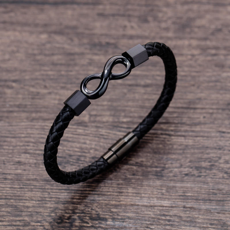 Fortune Jewel Endless Knot Titanium Steel Infinity Leather Weave Balance Bracelet