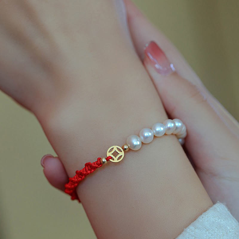 Fortune Jewel 14K Gold Plated Pearl Bead Luck Protection Braid Red String Bracelet