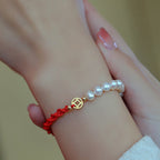 Fortune Jewel 14K Gold Plated Pearl Bead Luck Protection Braid Red String Bracelet