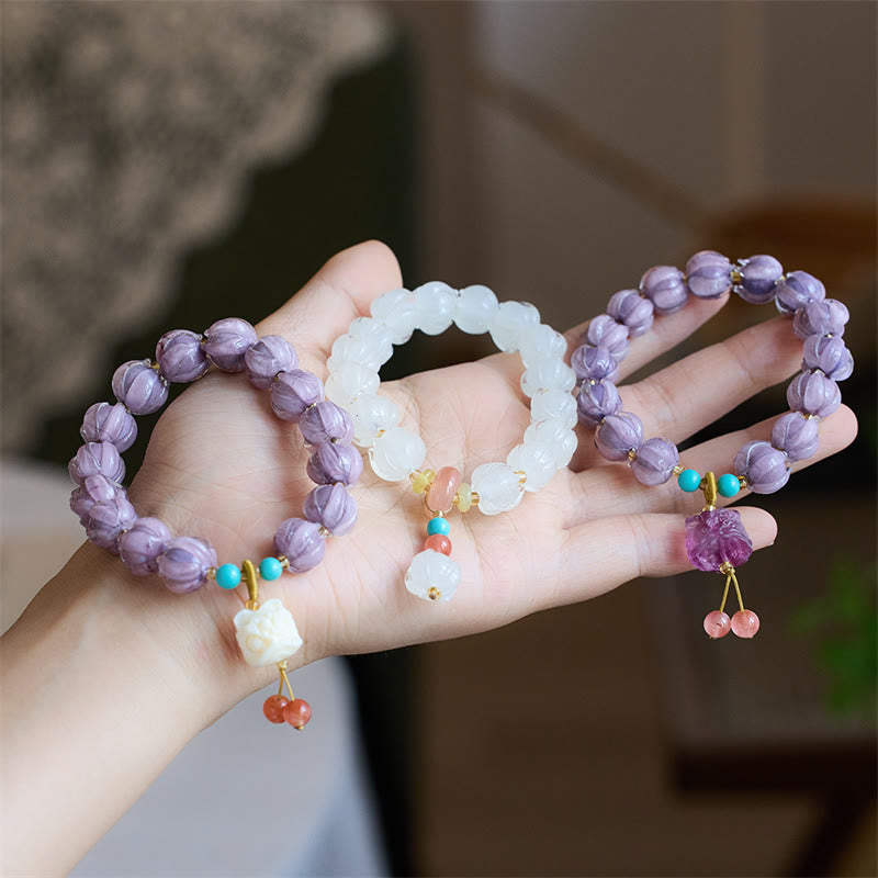 Fortune Jewel Liuli Glass Bead Lotus Design Fluorite Ivory Fruit Dancing Lion Charm Enlightenment Bracelet