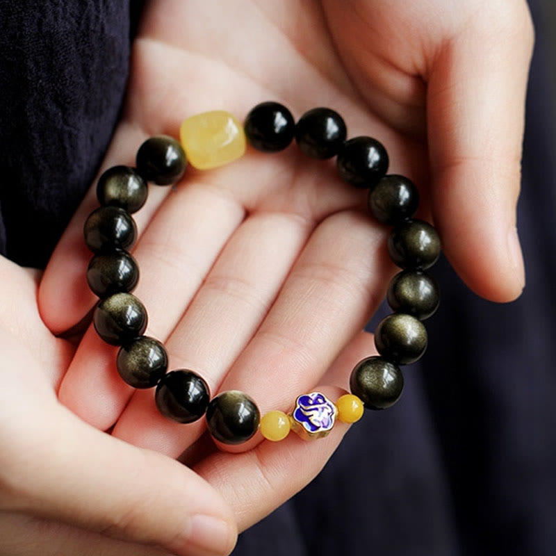 Fortune Jewel 925 Sterling Silver Chinese Zodiac Natal Buddha Natural Gold Sheen Obsidian Amber Wealth Protection Bracelet