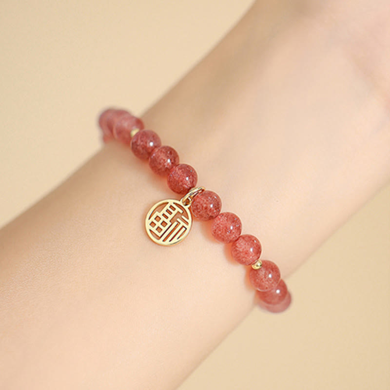 Fortune Jewel 14K Gold Plated Strawberry Quartz Fu Character Healing Charm Bracelet