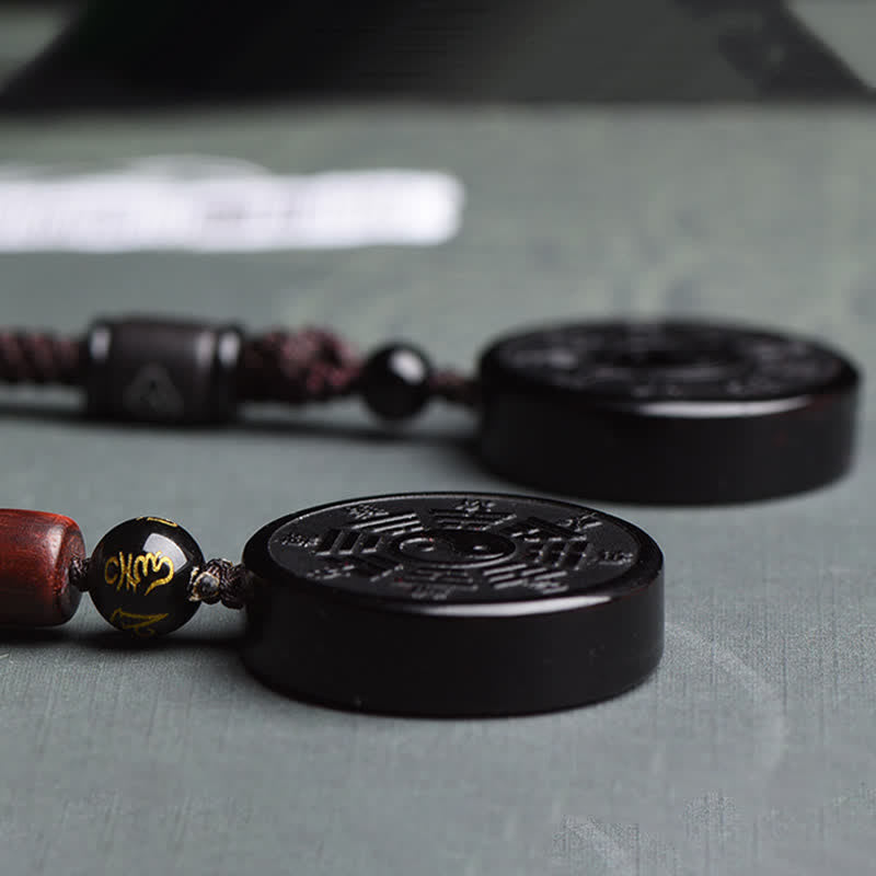 Fortune Jewel Black Obsidian Bagua Yin Yang Strength Necklace Pendant