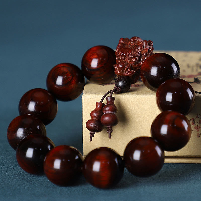 Fortune Jewel Rosewood Green Sandalwood Small Leaf Red Sandalwood Dragon Carved Protection Bracelet