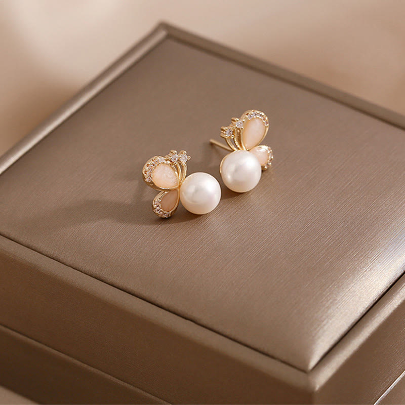 Fortune Jewel 18k Gold Plated Pearl Butterfly Love Freedom Stud Earrings