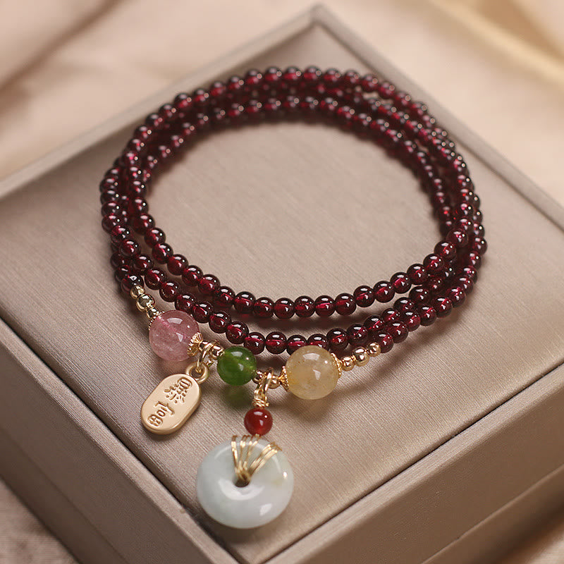 Fortune Jewel Natural Garnet Strawberry Quartz Crystal Fox Koi Fish Peace Buckle Fortune Protection Triple Wrap Bracelet