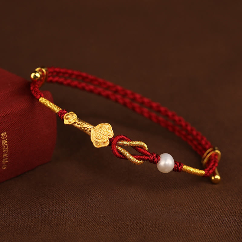 Fortune Jewel 24K Gold Wish Ruyi Handle Fu Character Rabbit Pearl Luck Braided Bracelet