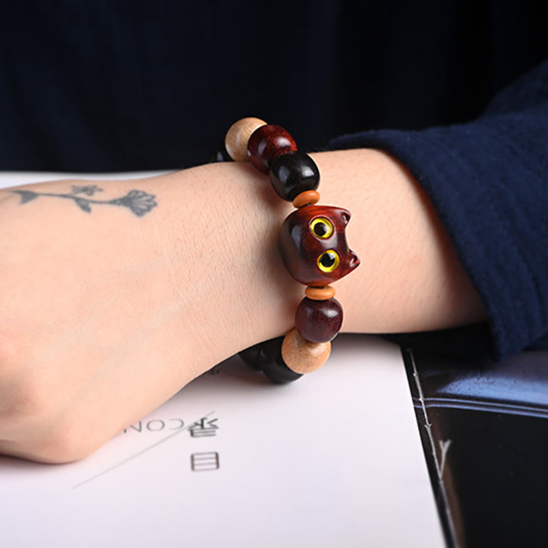 Fortune Jewel Small Leaf Red Sandalwood Ebony Wood Cute Cat Engraved Protection Bracelet