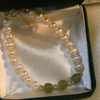 Fortune Jewel 14K Gold Plated Natural Pearl Hetian Cyan Jade White Jade Sincerity Bead Chain Bracelet