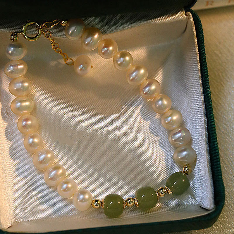Fortune Jewel 14K Gold Plated Natural Pearl Hetian Cyan Jade White Jade Sincerity Bead Chain Bracelet