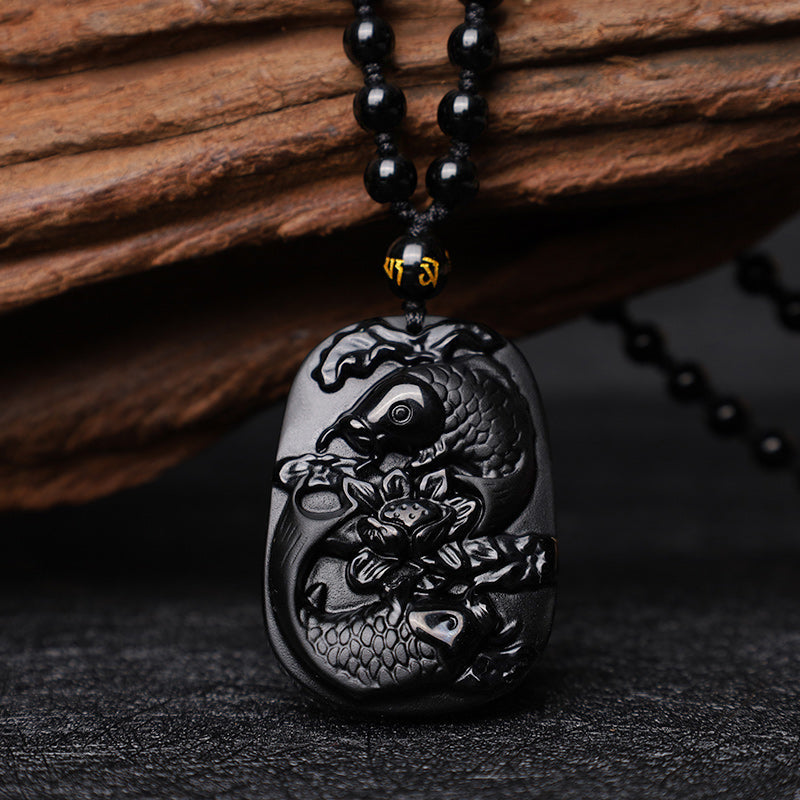 Fortune Jewel Natural Black Obsidian Koi Fish Lotus Strength Beaded Necklace Pendant
