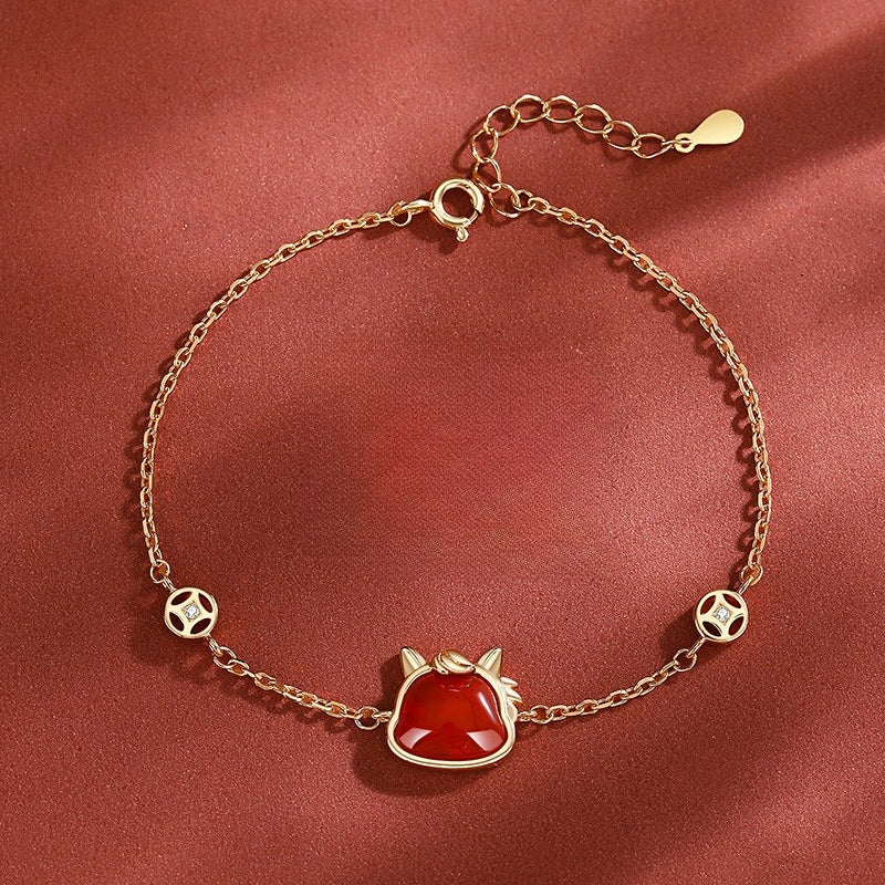 Natural Hetian Jade & Red Agate Horse Bracelet for Women, 925 Silver Chinese Zodiac Jewelry