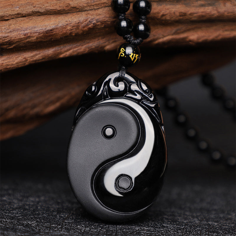 Fortune Jewel Natural Black Obsidian Yin Yang Fulfilment Strength Necklace Pendant