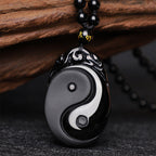 Fortune Jewel Natural Black Obsidian Yin Yang Fulfilment Strength Necklace Pendant
