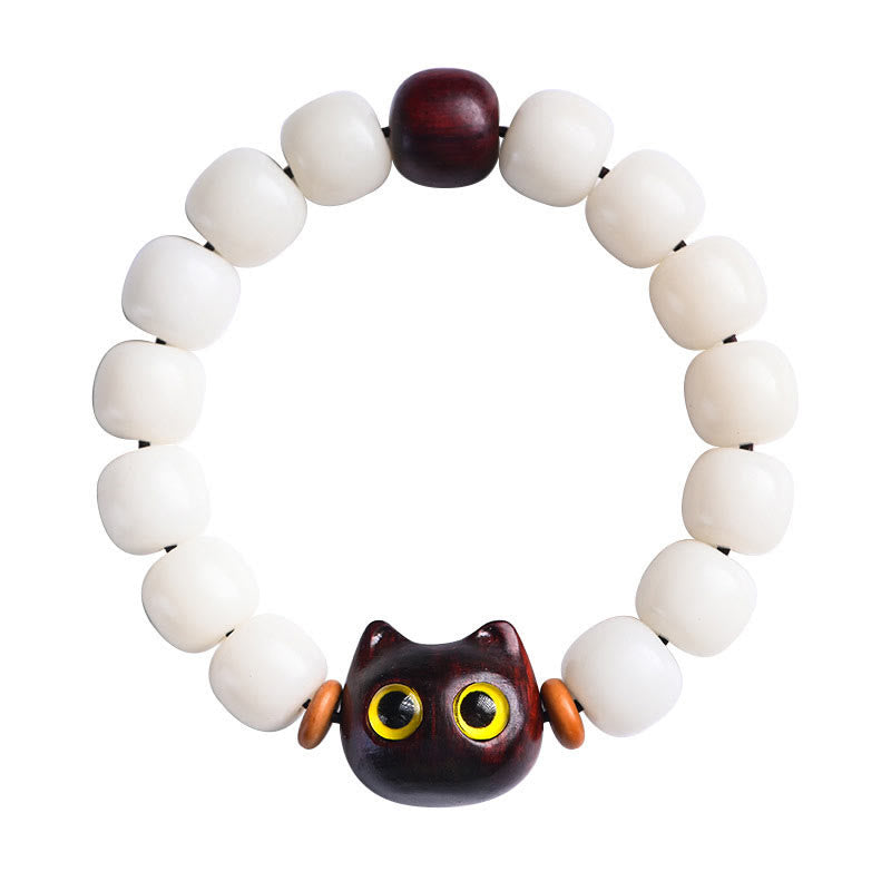 Fortune Jewel Natural Bodhi Seed Small Leaf Red Sandalwood Ebony Wood Cute Lucky Cat Wisdom Bracelet