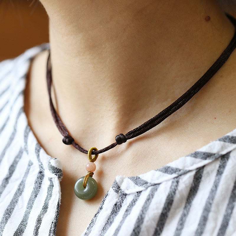 Fortune Jewel Natural Round Jade Peace Buckle Lotus Abundance String Necklace Pendant Fortune Jewel