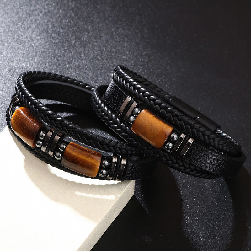 Fortune Jewel Tiger Eye Power Magnetic Buckle Multilayered Leather Bracelet