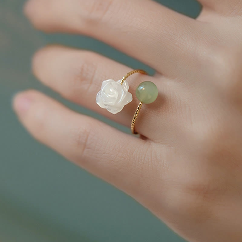 Fortune Jewel 14K Gold Plated Tridacna Stone Rose Flower Jade Bead Blessing Ring
