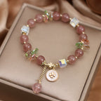 Fortune Jewel Strawberry Quartz Lucky Four Leaf Clover Healing Charm Bracelet