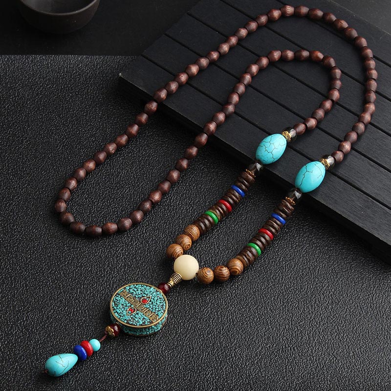 Fortune Jewel Turquoise Dzi Bead Prayer Wheel Wenge Wood Meditation Necklace