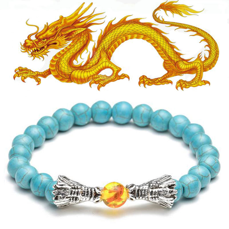 Fortune Jewel White Turquoise Lava Rock Dragon Blessing Beaded Bracelet