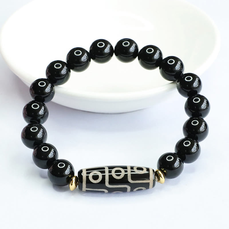 Fortune Jewel Tibetan Nine-Eye Dzi Bead Black Onyx Power Bracelet