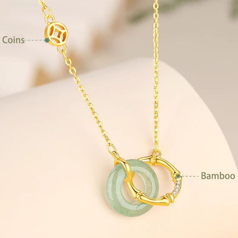 Fortune Jewel 925 Sterling Silver Natural Green Aventurine Peace Buckle Bamboo Coin Prosperity Necklace Pendant