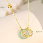 Fortune Jewel 925 Sterling Silver Natural Green Aventurine Peace Buckle Bamboo Coin Prosperity Necklace Pendant