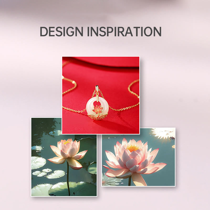 Fortune Jewel 925 Sterling Silver Hetian White Jade Lotus Flower Blessing Necklace Pendant Fortune Jewel