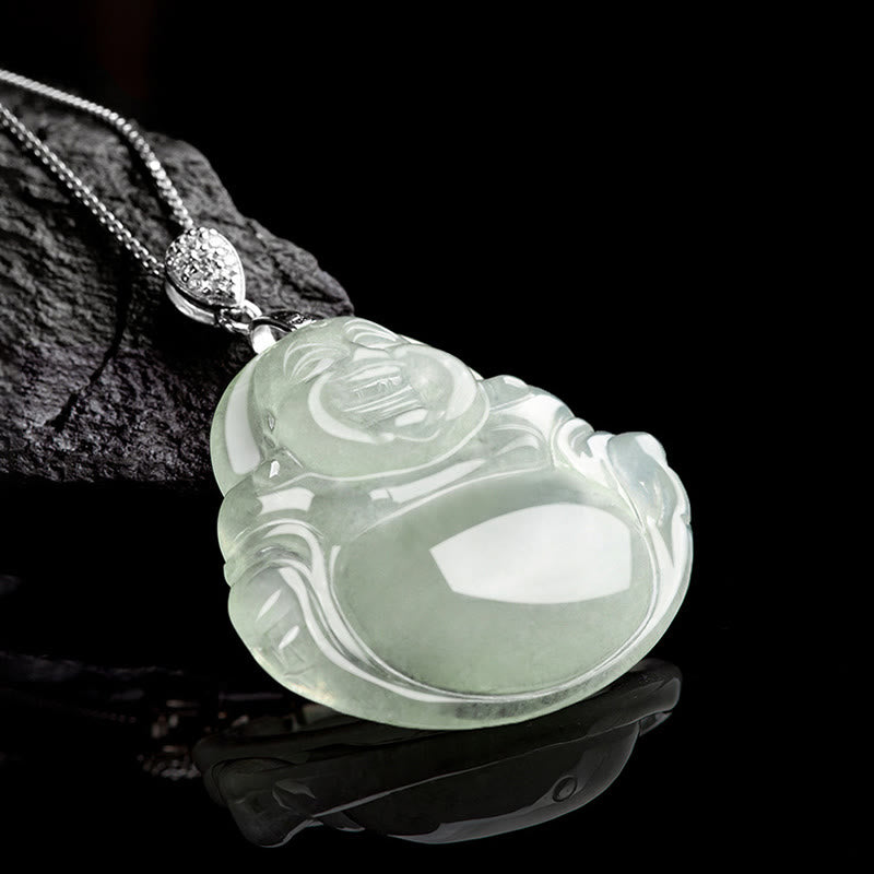 Fortune Jewel Natural Jade Laughing Buddha Prosperity Abundance Titanium Steel Chain Necklace Pendant Fortune Jewel