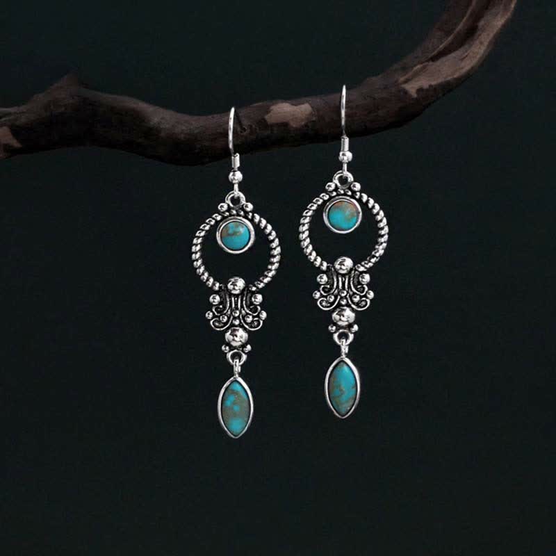 Fortune Jewel 925 Sterling Silver Vintage Turquoise Waterdrop Pattern Balance Drop Dangle Earrings