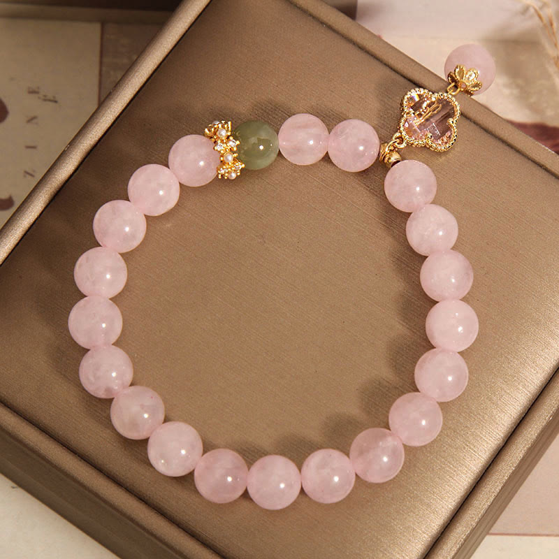 Fortune Jewel Natural Pink Crystal Four Leaf Clover Soothing Bracelet