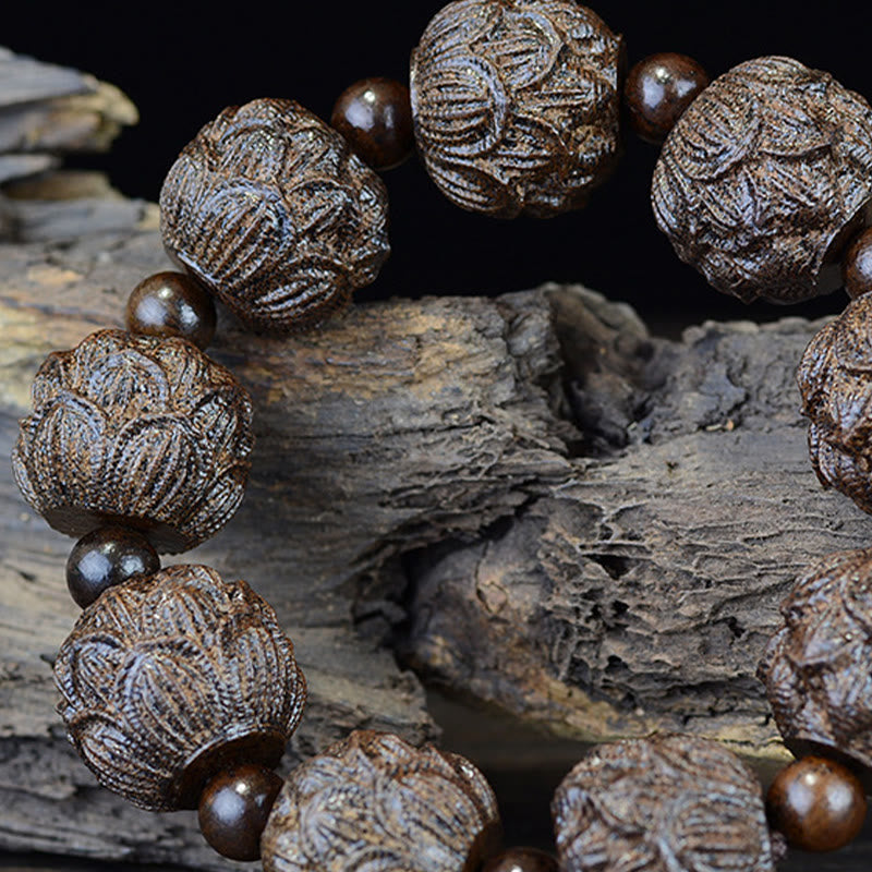 Fortune Jewel Ebony Wood Eighteen Arhats Lotus Dragon Engraved Balance Bracelet Fortune Jewel