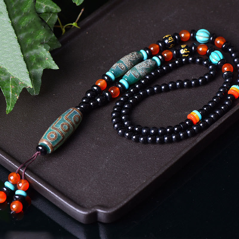 Fortune Jewel Tibetan Nine-Eye Dzi Bead Dragon Pattern Om Mani Padme Hum Protection Necklace Pendant Fortune Jewel