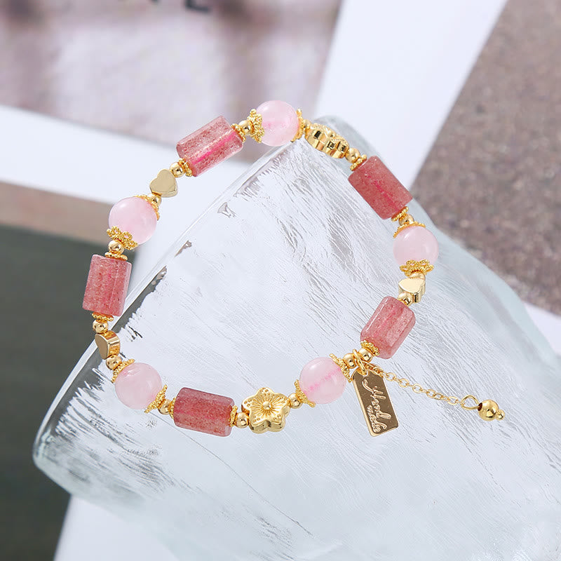 Fortune Jewel Strawberry Quartz Pink Crystal Love Heart Flower Positive Bracelet