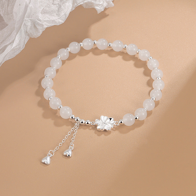 Fortune Jewel White Jade Peach Blossom Petals Flower Luck Bracelet