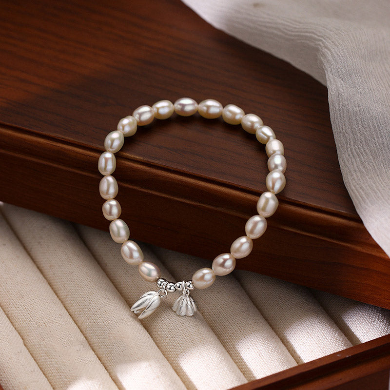 Fortune Jewel 999 Sterling Silver Lotus Flower Pod Natural Pearl Healing Bracelet