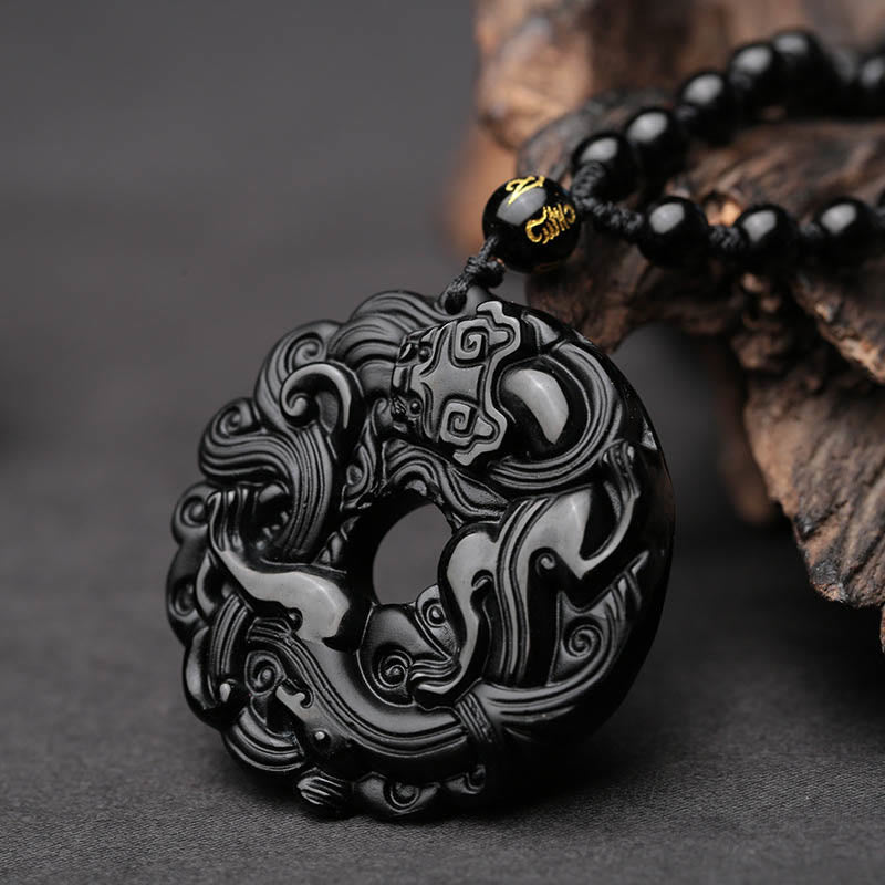 Fortune Jewel Natural Black Obsidian Peace Buckle Pixiu Purification Necklace Pendant