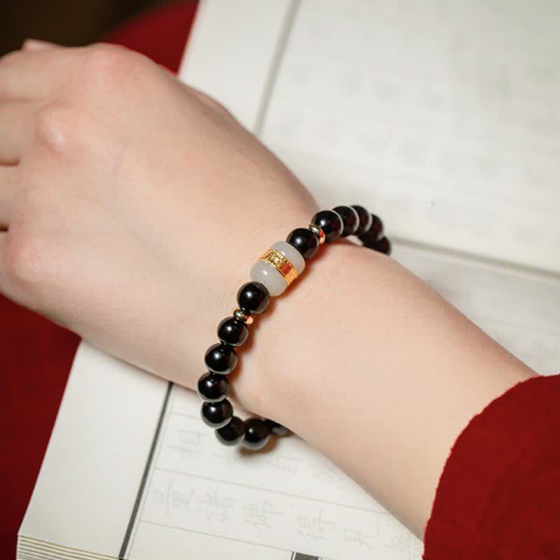 Fortune Jewel Black Obsidian Jade Om Mani Padme Hum Strength Couple Magnetic Bracelet
