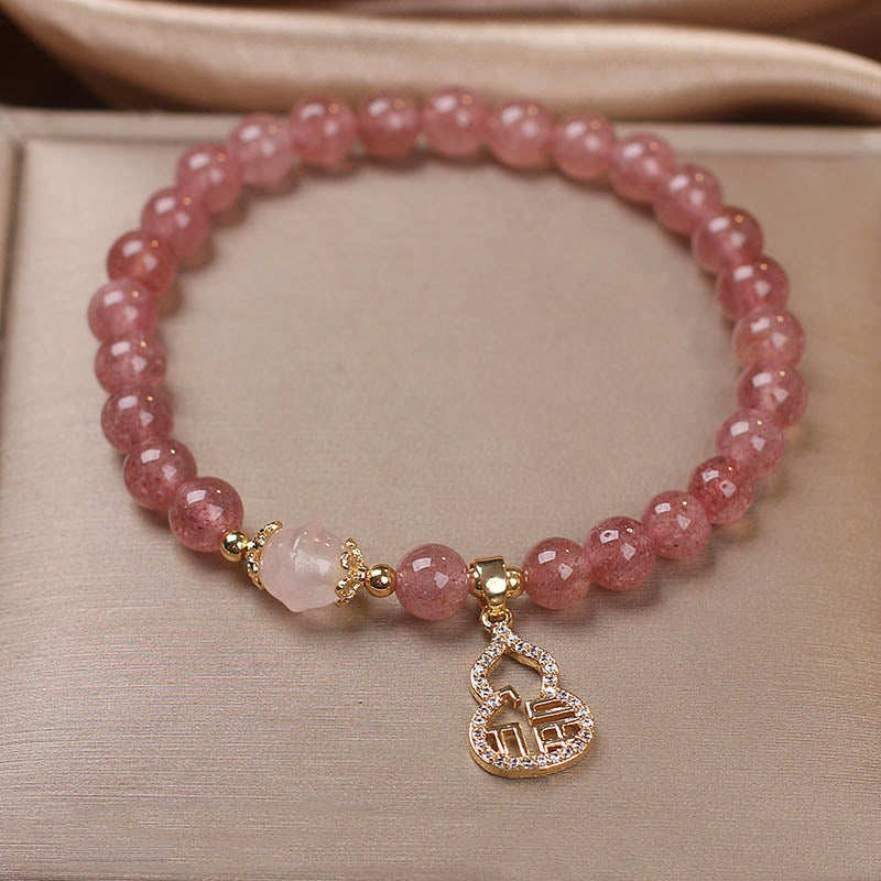 Fortune Jewel Strawberry Quartz Gourd Fu Character Charm Positive Bracelet