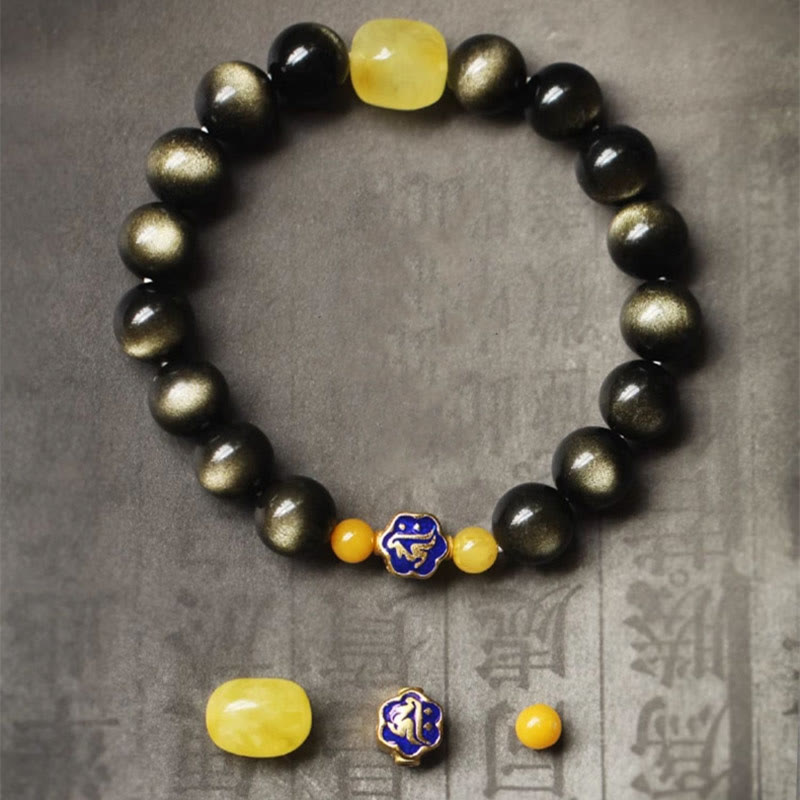 Fortune Jewel 925 Sterling Silver Chinese Zodiac Natal Buddha Natural Gold Sheen Obsidian Amber Wealth Protection Bracelet