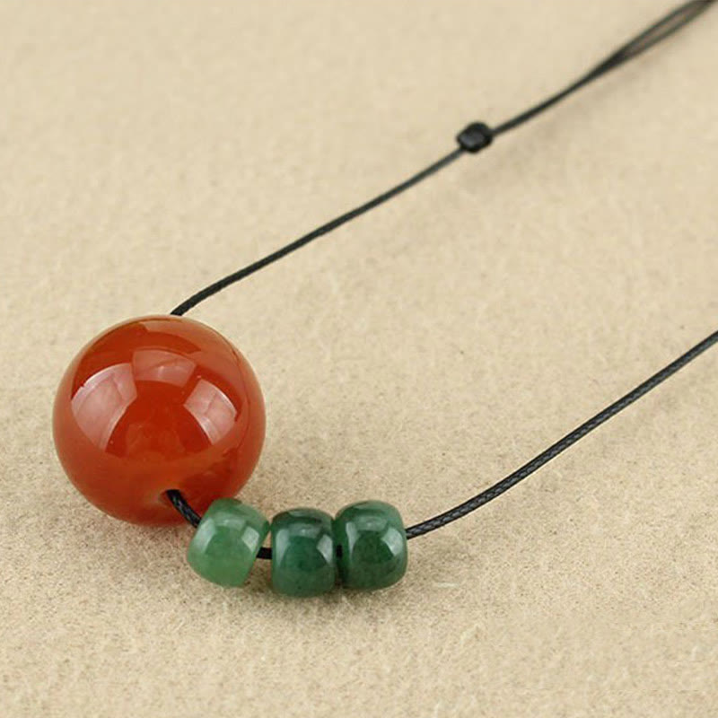 Fortune Jewel Red Agate Green Aventurine Green Bodhi Seed Bead Calm Leather Rope Necklace Pendant