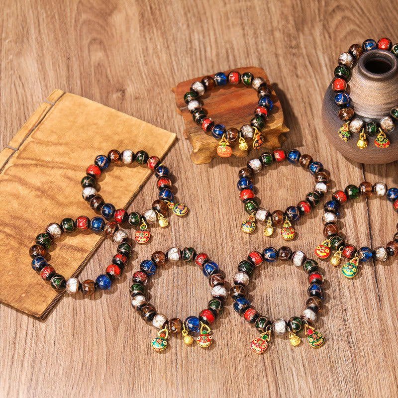 Fortune Jewel Five Elements Gold Swallowing Beast Family Charm Liuli Glass Bead Luck Bracelet