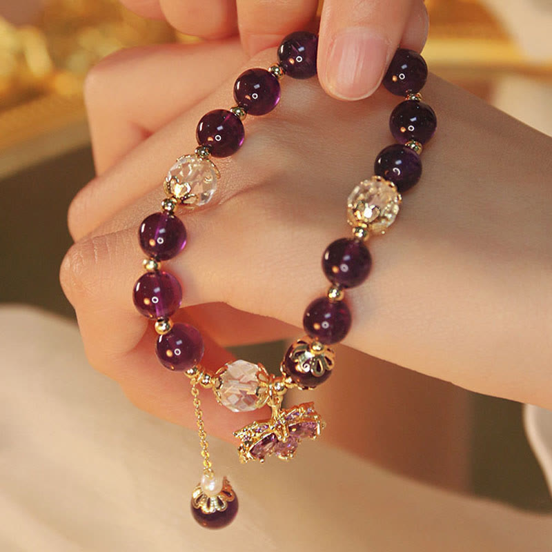 Fortune Jewel 14k Gold Plated Natural Amethyst Healing Maple Leaf Charm Bracelet