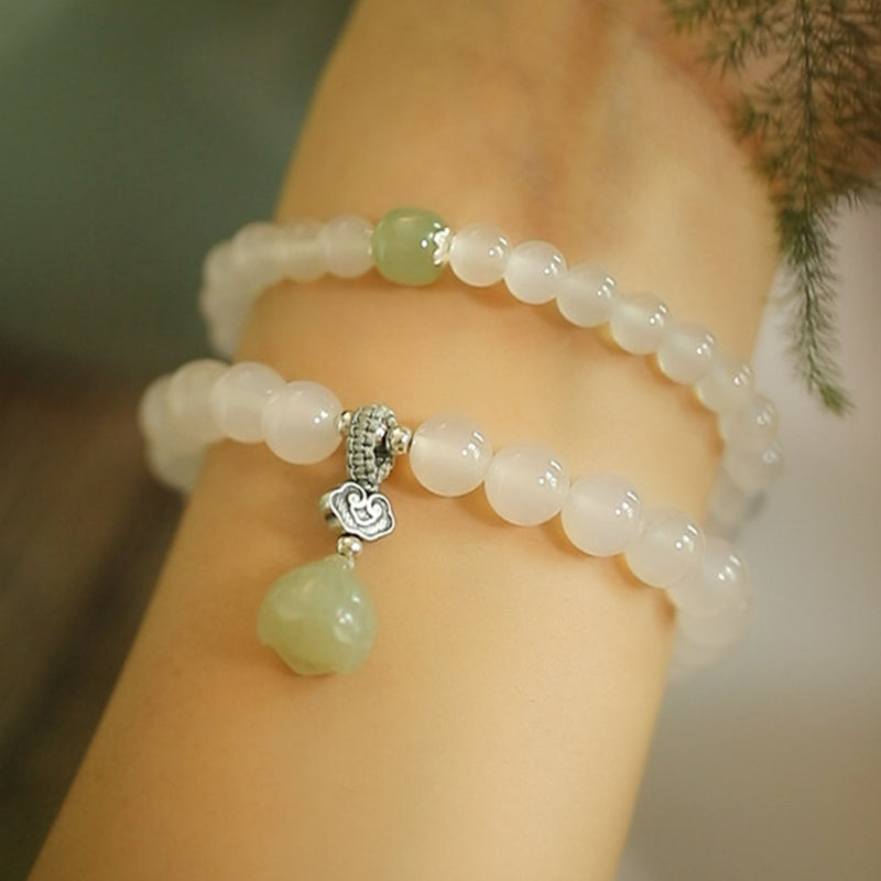 Fortune Jewel White Agate Jade Lotus Protection Bracelet