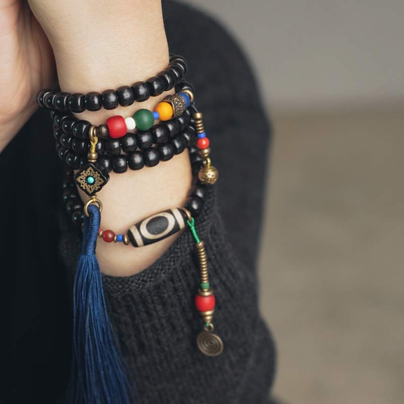 Fortune Jewel 108 Beads Mala Ebony Wood Dzi Bead Copper Balance Tassel Bracelet