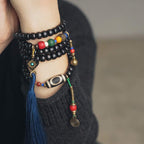 Fortune Jewel 108 Beads Mala Ebony Wood Dzi Bead Copper Balance Tassel Bracelet